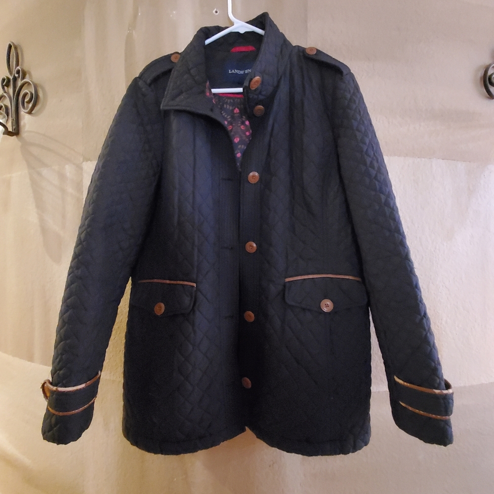 Lands End Black Quilted Jacket Floral Interior Primaloft Lightweight Sz Large - Picture 3 of 15